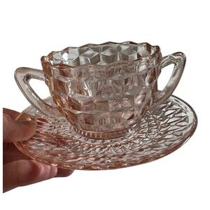Jeanette Cube Pink Depression Glass Deep Custard/Berry Bowl w/Saucer VTG 20s-30s